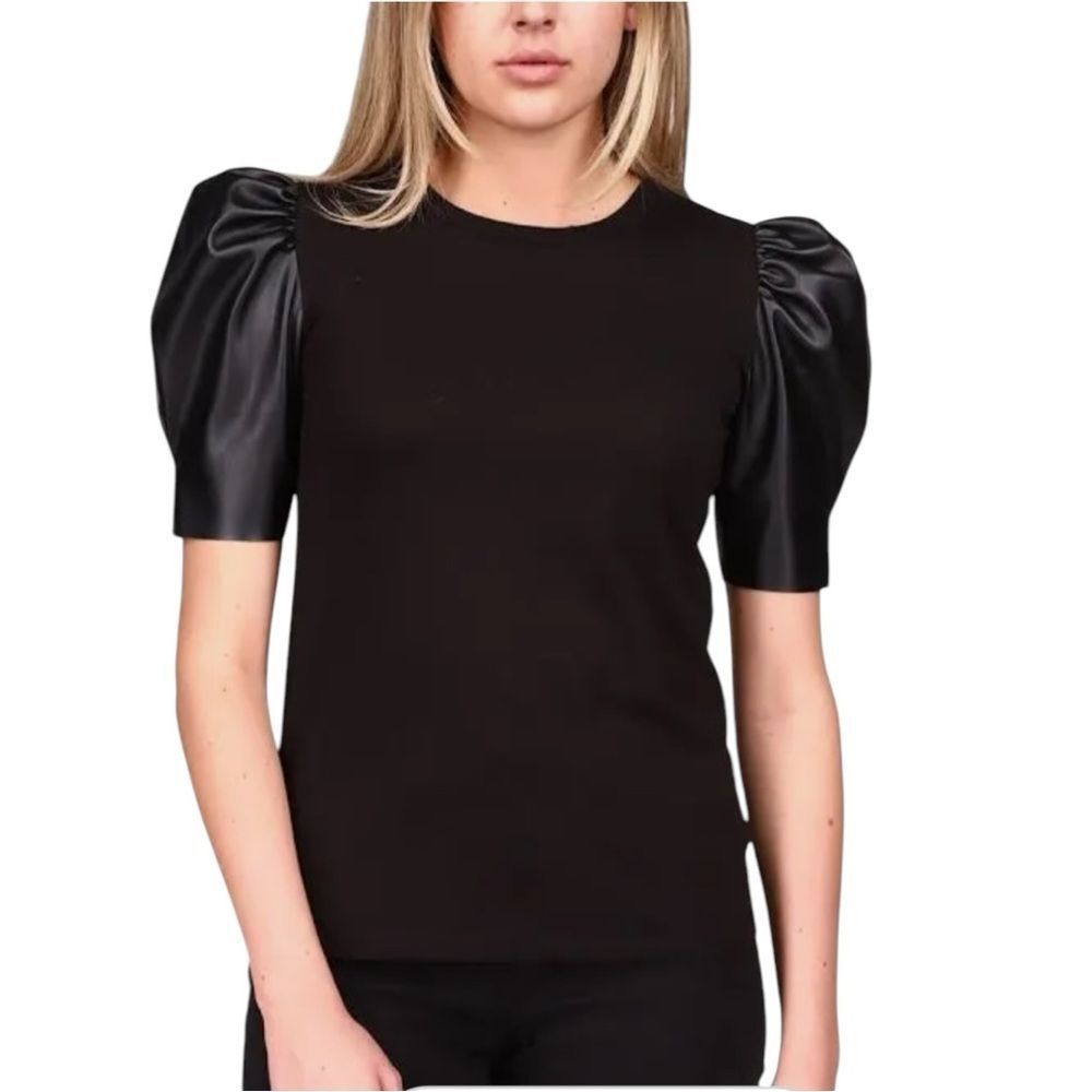 MICHAEL Michael Kors Black Top with Faux Leather Puffy Sleeves